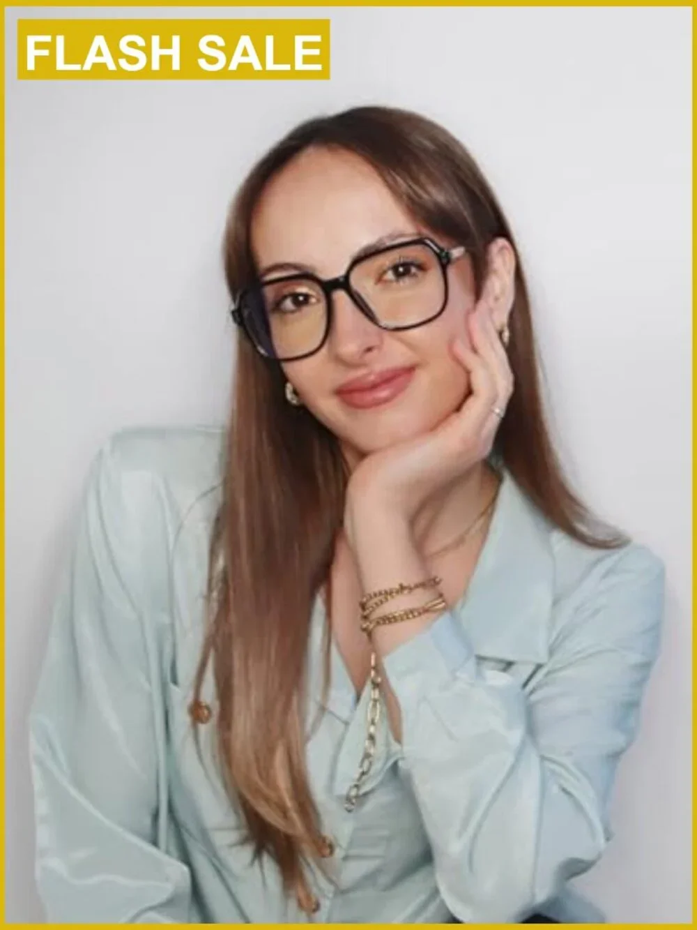 Oversized Square Blue Light Blocking Glasses for Women | Flexible Metal Temples